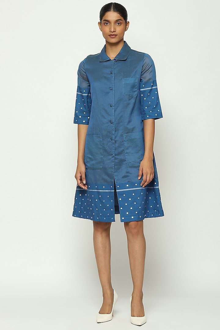 Blue Maheshwari Silk Embroidered Shirt Dress by Abraham & Thakore at Pernia's Pop Up Shop