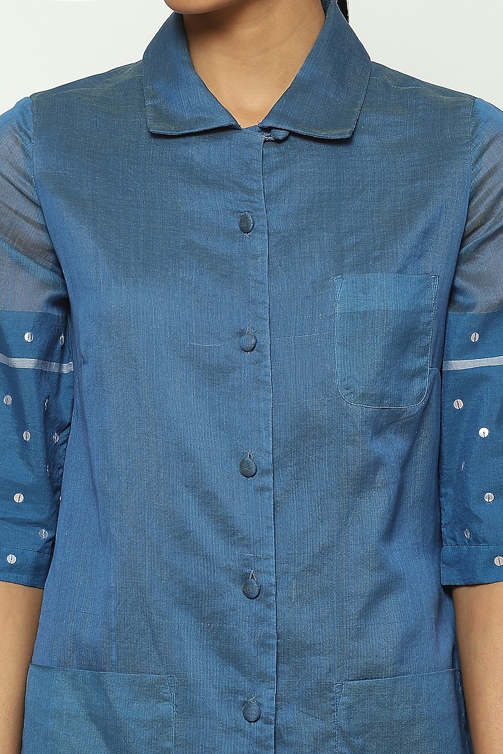 Blue Maheshwari Silk Embroidered Vacation Shirt Dress by Abraham & Thakore at Pernia's Pop Up Shop