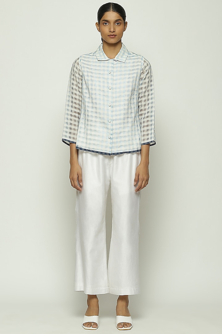 Blue Maheshwari Silk Hand Woven Gingham Checkered Shirt by Abraham & Thakore at Pernia's Pop Up Shop