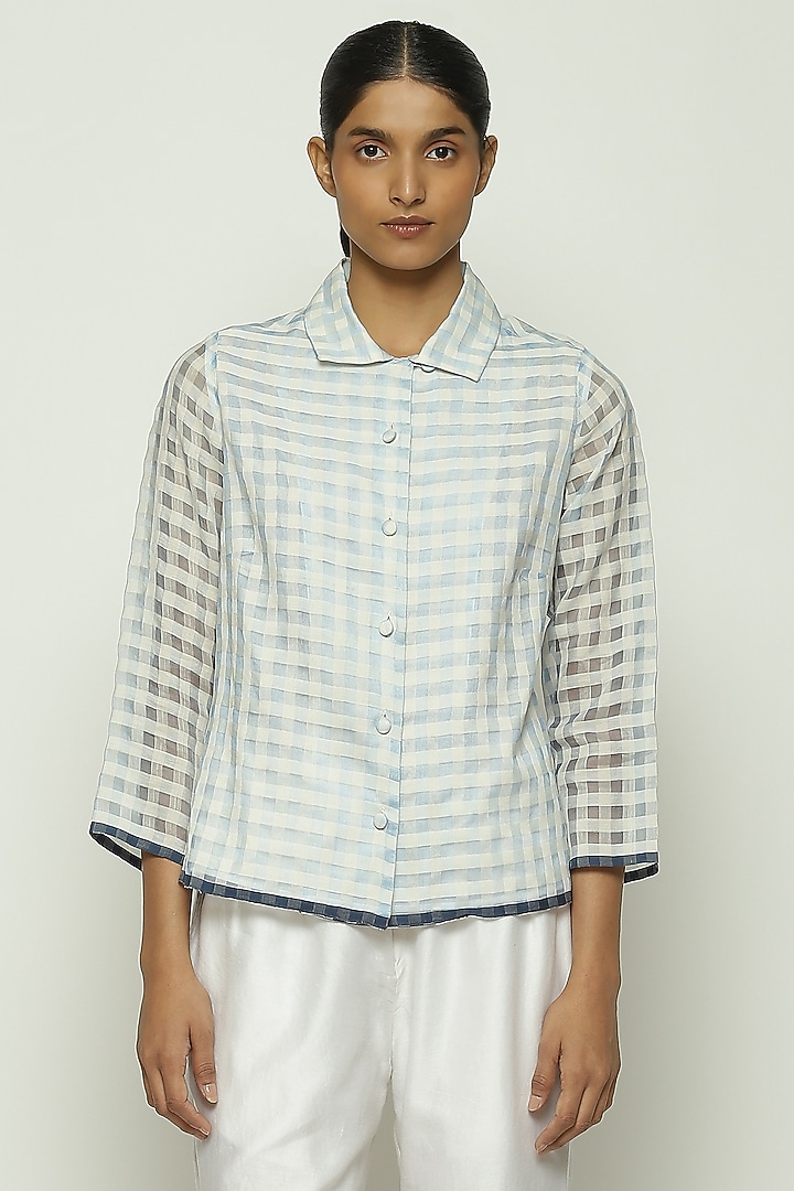 Blue Maheshwari Silk Hand Woven Gingham Checkered Shirt by Abraham & Thakore at Pernia's Pop Up Shop