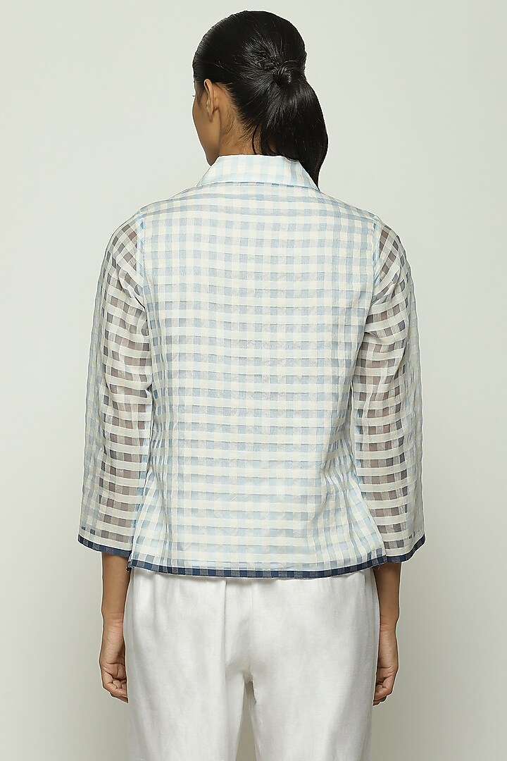 Blue Maheshwari Silk Hand Woven Gingham Checkered Shirt by Abraham & Thakore at Pernia's Pop Up Shop