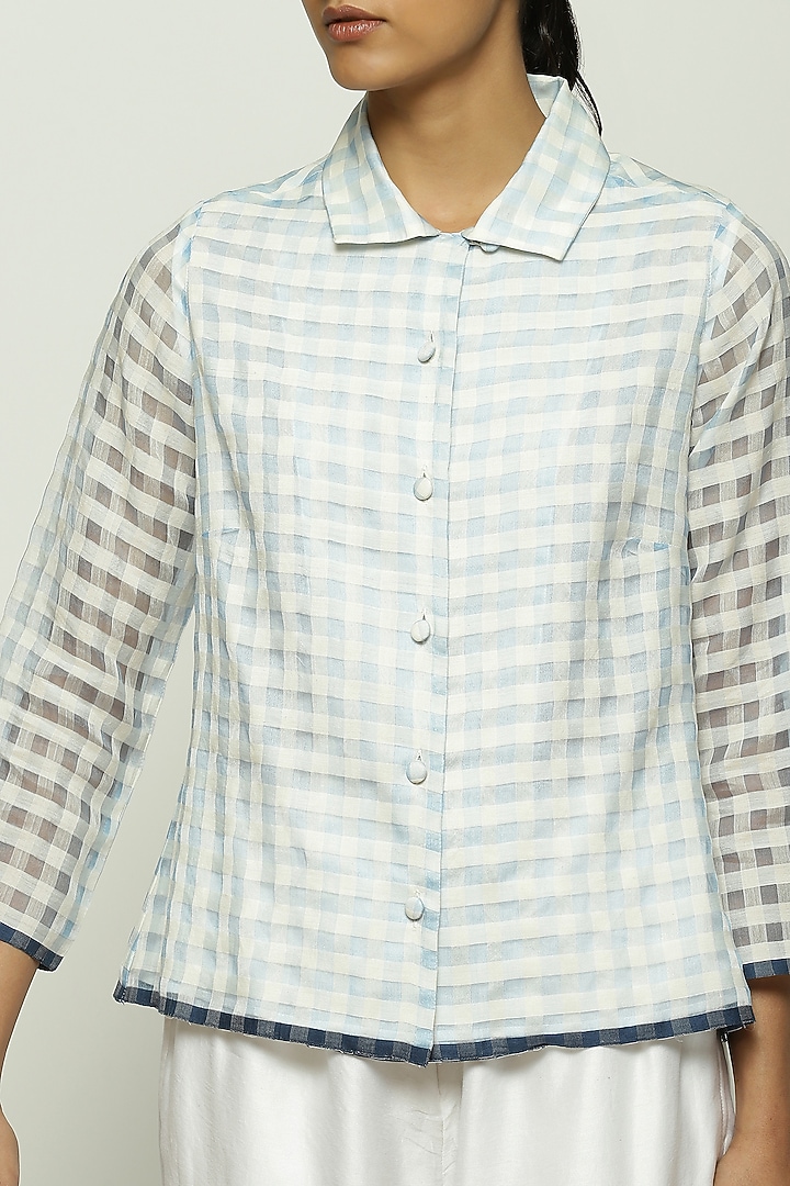 Blue Maheshwari Silk Hand Woven Gingham Checkered Shirt by Abraham & Thakore at Pernia's Pop Up Shop