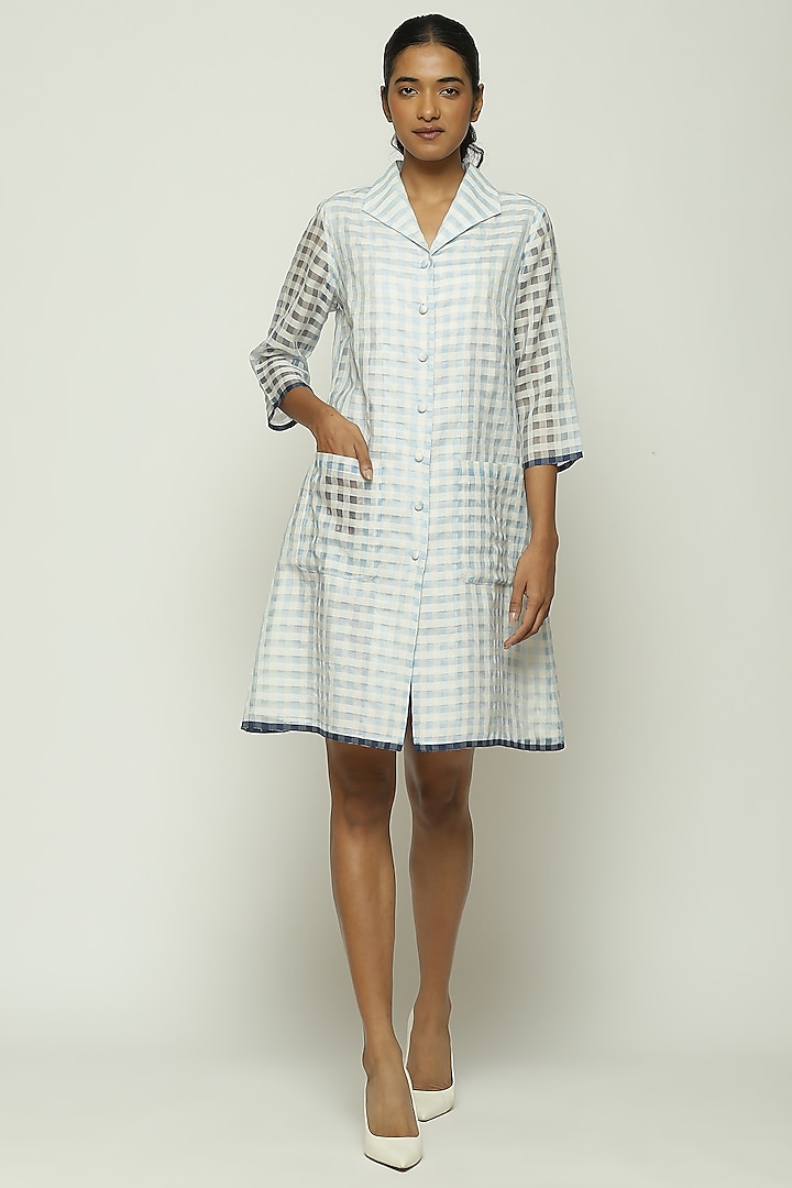 Blue Maheshwari Silk Hand Woven Gingham Checkered Shirt Dress by Abraham & Thakore at Pernia's Pop Up Shop