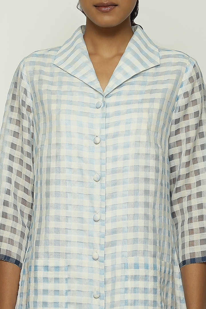 Blue Maheshwari Silk Hand Woven Gingham Checkered Vacation Shirt Dress by Abraham & Thakore at Pernia's Pop Up Shop