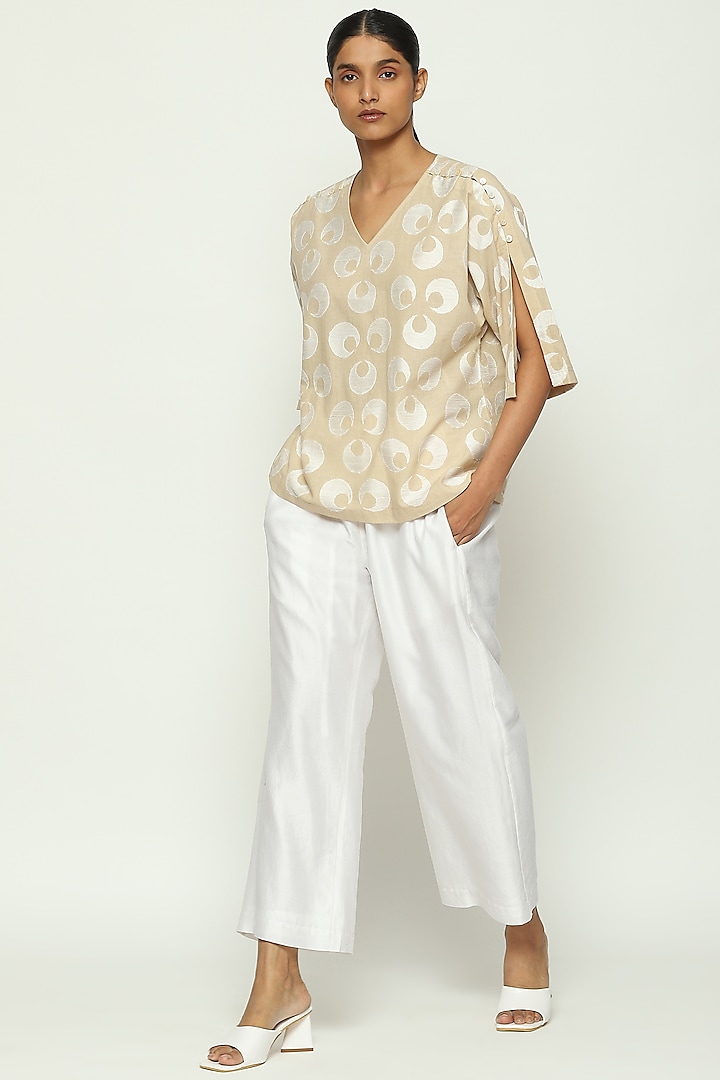 Beige Cotton Voile Embroidered Top by Abraham & Thakore at Pernia's Pop Up Shop