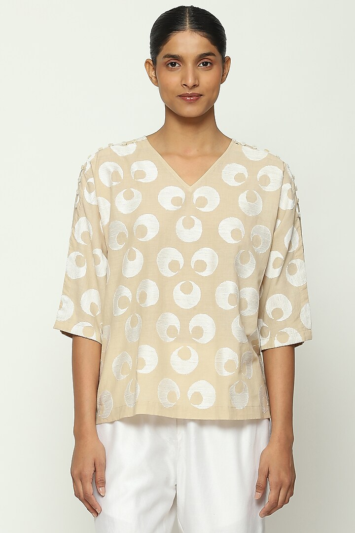 Beige Cotton Voile Embroidered Top by Abraham & Thakore at Pernia's Pop Up Shop