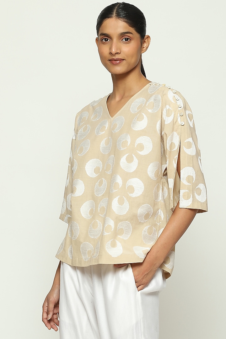 Beige Cotton Voile Embroidered Top by Abraham & Thakore at Pernia's Pop Up Shop