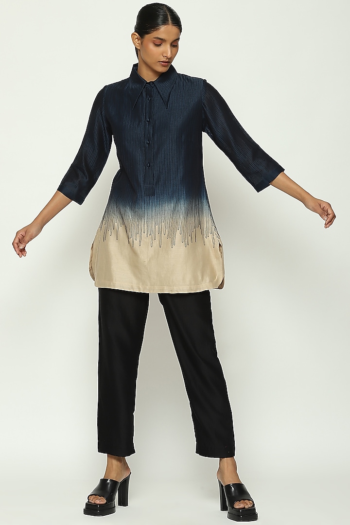 Navy & Ecru Ombre Chanderi Embroidered Tunic by Abraham & Thakore at Pernia's Pop Up Shop