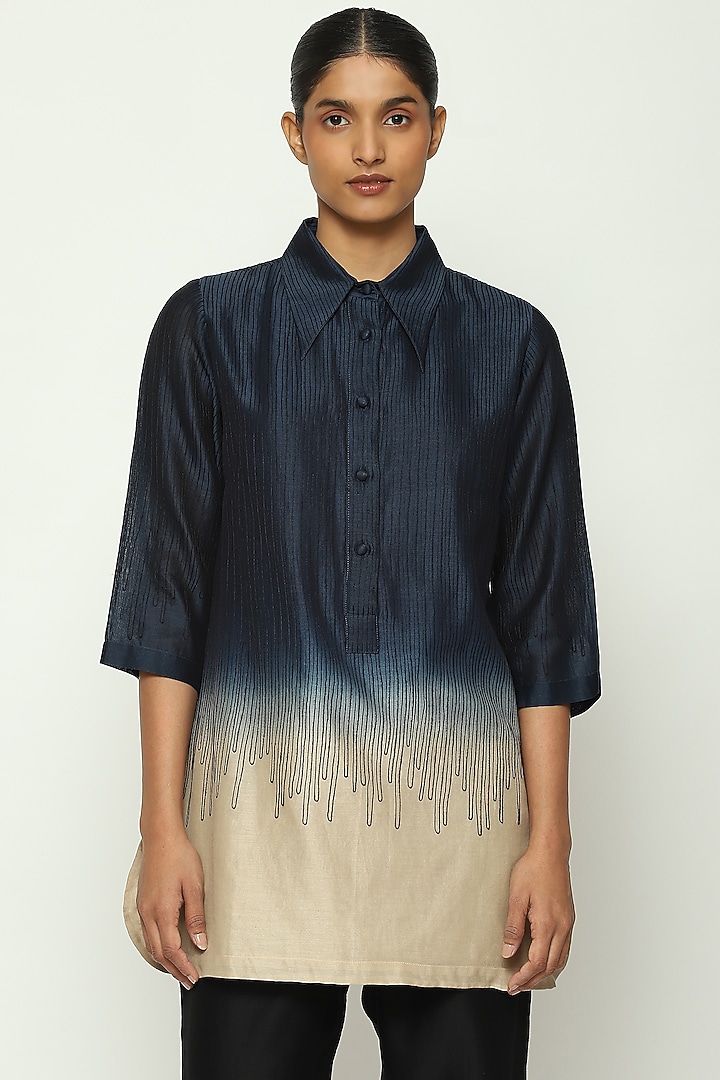 Navy & Ecru Ombre Chanderi Embroidered Tunic by Abraham & Thakore at Pernia's Pop Up Shop