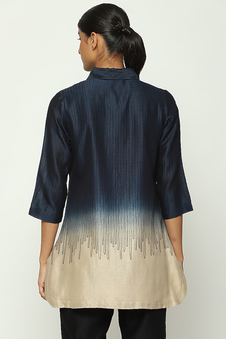 Navy & Ecru Ombre Chanderi Embroidered Tunic by Abraham & Thakore at Pernia's Pop Up Shop