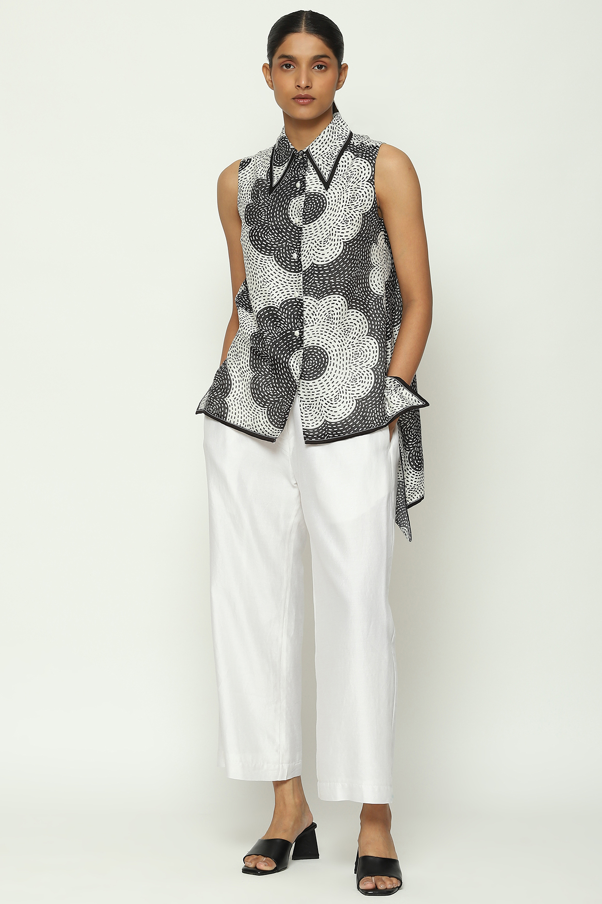 Black & White Chanderi Digital Printed Top by Abraham & Thakore at Pernia's Pop Up Shop