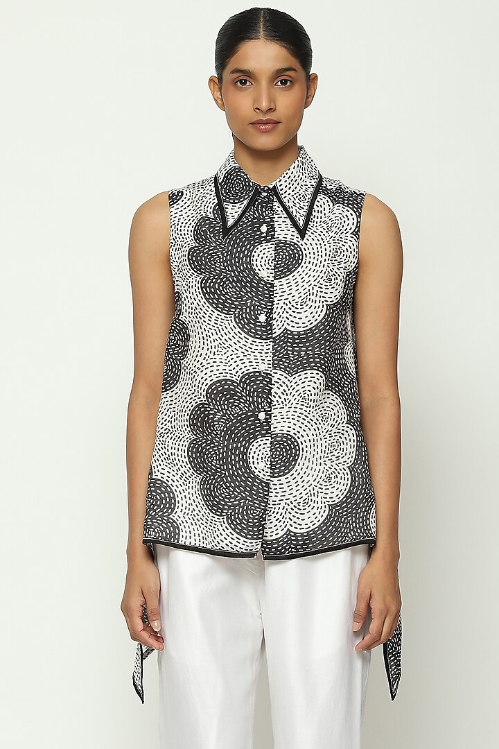 Black & White Chanderi Digital Printed Top by Abraham & Thakore at Pernia's Pop Up Shop