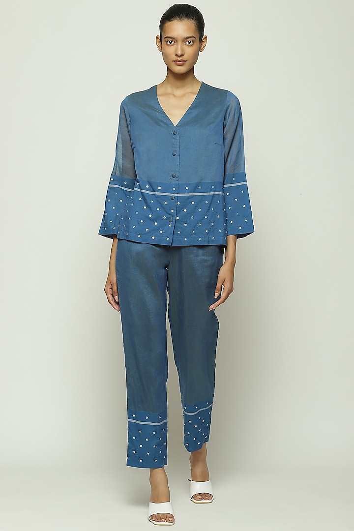 Blue Maheshwari Silk Embroidered Top by Abraham & Thakore at Pernia's Pop Up Shop