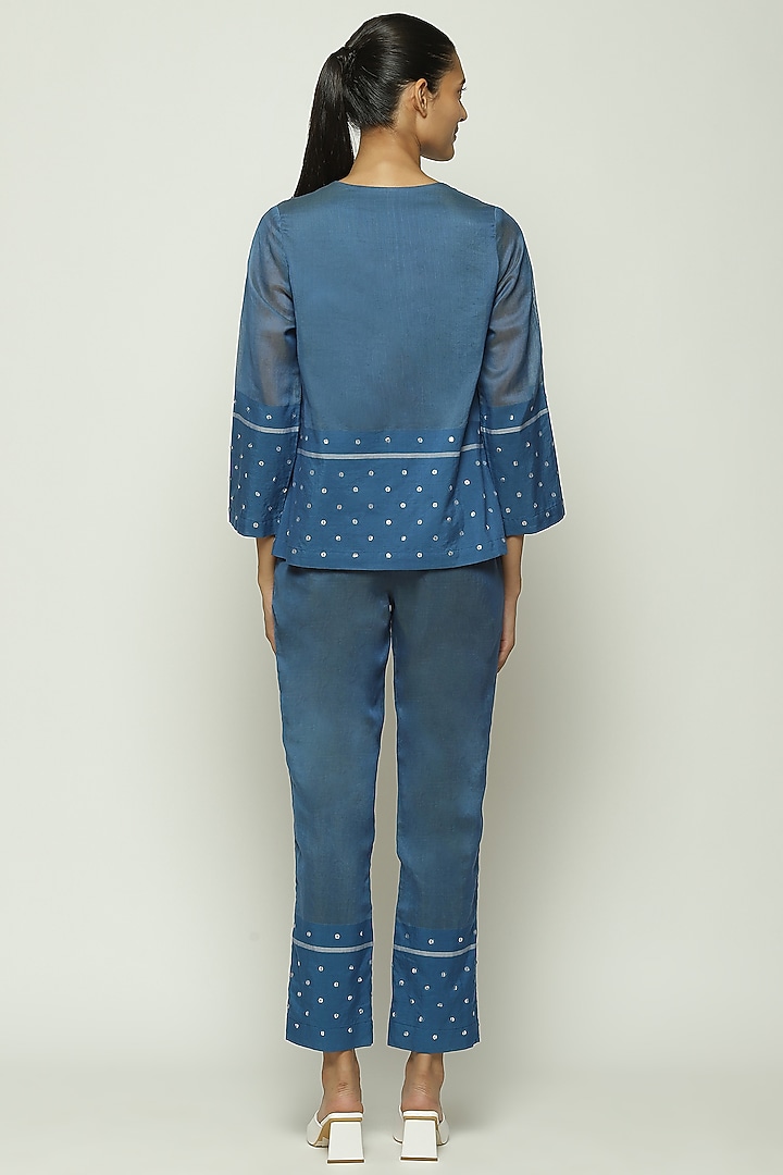 Blue Maheshwari Silk Embroidered Top by Abraham & Thakore at Pernia's Pop Up Shop