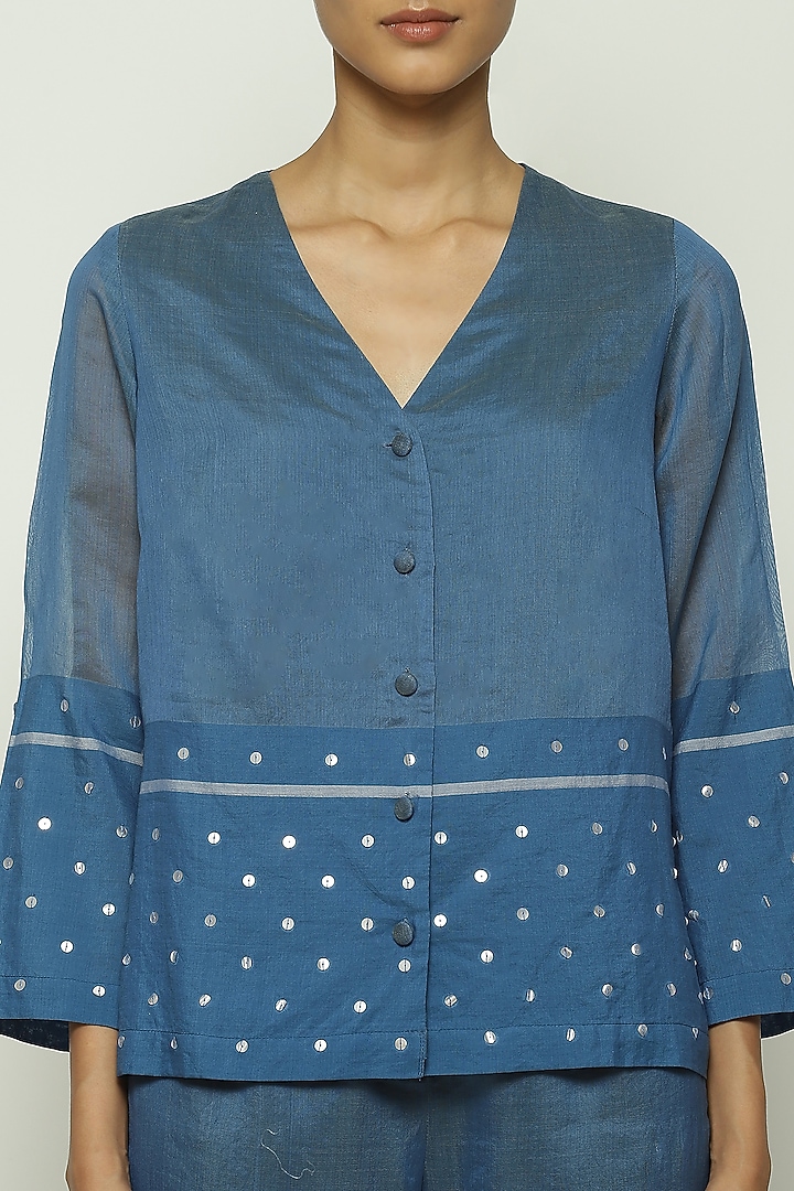 Blue Maheshwari Silk Embroidered Top by Abraham & Thakore at Pernia's Pop Up Shop