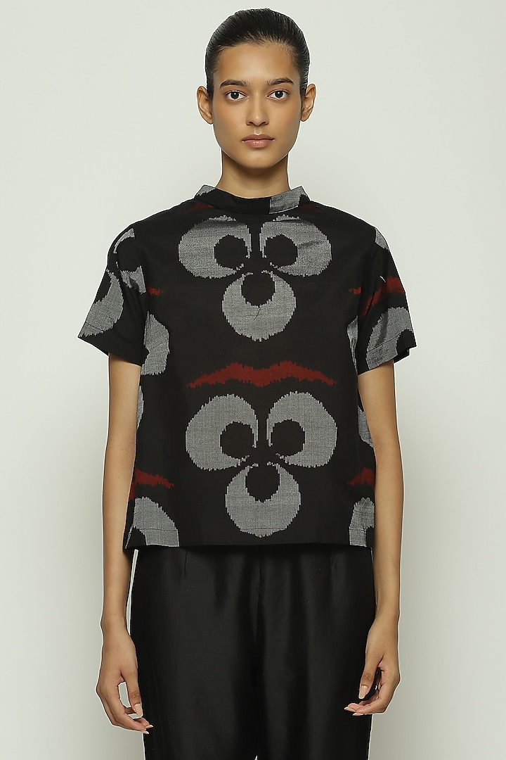 Black Silk & Cotton Ikat Printed Top by Abraham & Thakore at Pernia's Pop Up Shop