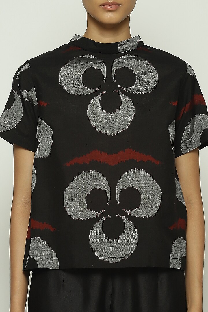 Black Silk & Cotton Ikat Printed Top by Abraham & Thakore at Pernia's Pop Up Shop