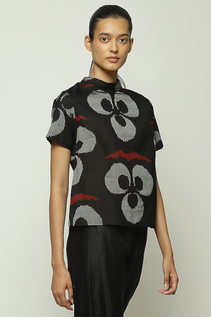 Black Silk & Cotton Ikat Printed Top by Abraham & Thakore at Pernia's Pop Up Shop
