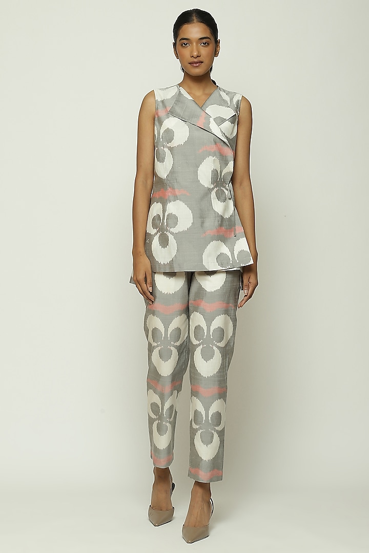 Ivory Silk & Cotton Ikat Printed Wrap Top by Abraham & Thakore at Pernia's Pop Up Shop