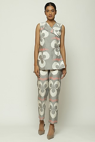 Ivory Silk & Cotton Ikat Printed Wrap Top by Abraham & Thakore