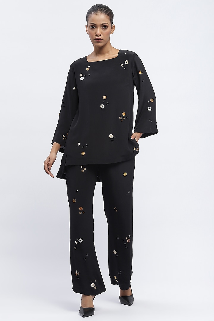 Black Crepe Sequins Embellished Top by Abraham & Thakore at Pernia's Pop Up Shop