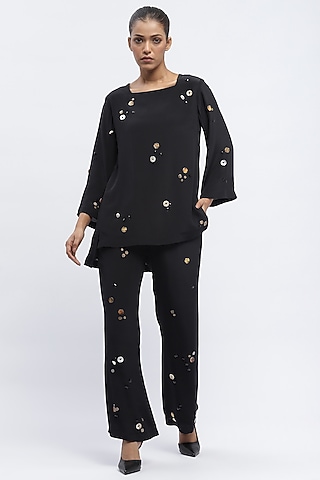 Black Crepe Sequins Embellished Top by Abraham & Thakore