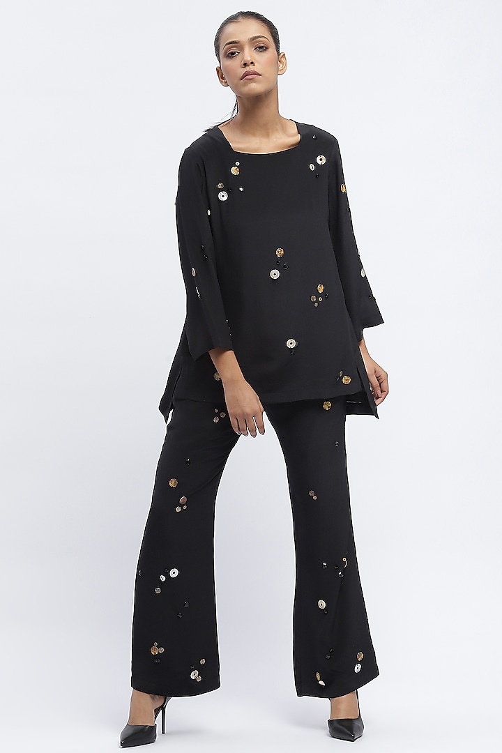 Black Crepe Sequins Embellished Trousers by Abraham & Thakore at Pernia's Pop Up Shop