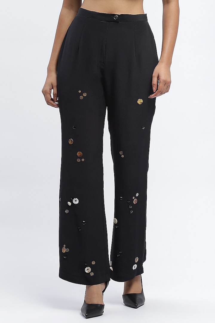 Black Crepe Sequins Embellished Trousers by Abraham & Thakore at Pernia's Pop Up Shop