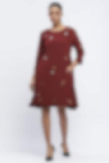 Burgundy Crepe Pearls Embellished Mini Dress by Abraham & Thakore at Pernia's Pop Up Shop