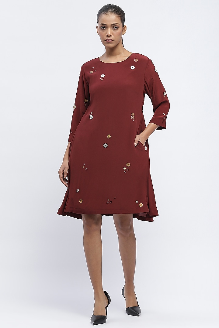 Burgundy Crepe Pearls Embellished Mini Dress by Abraham & Thakore at Pernia's Pop Up Shop