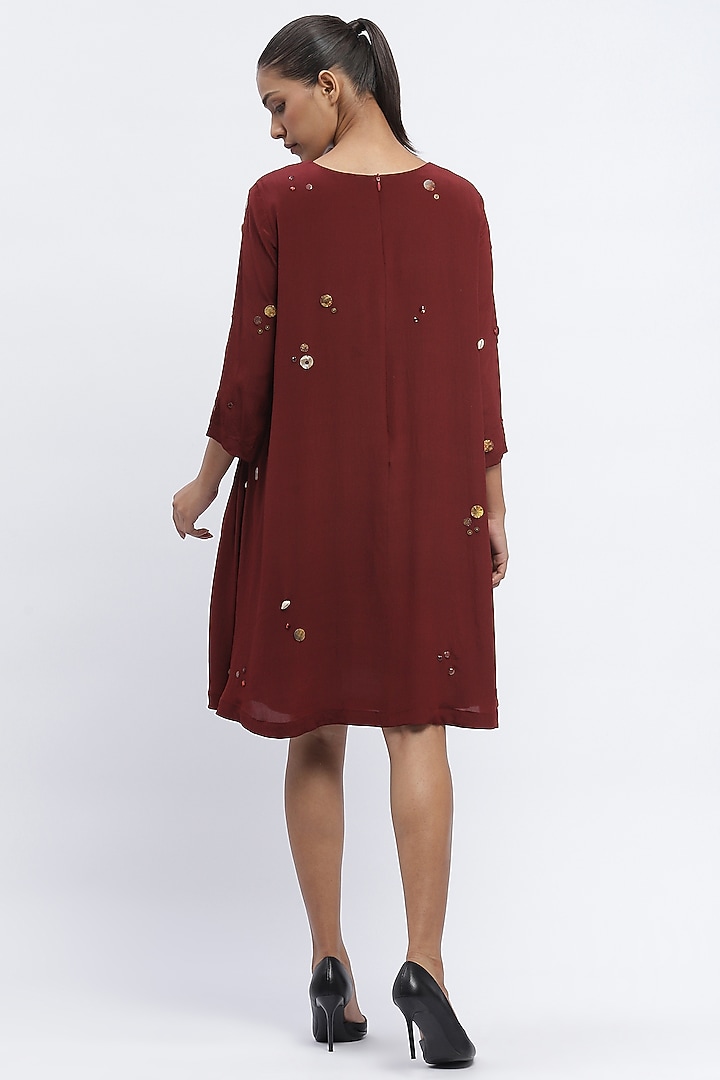 Burgundy Crepe Pearls Embellished Mini Vacation Dress by Abraham & Thakore at Pernia's Pop Up Shop