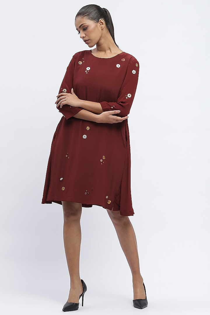 Burgundy Crepe Pearls Embellished Mini Vacation Dress by Abraham & Thakore at Pernia's Pop Up Shop