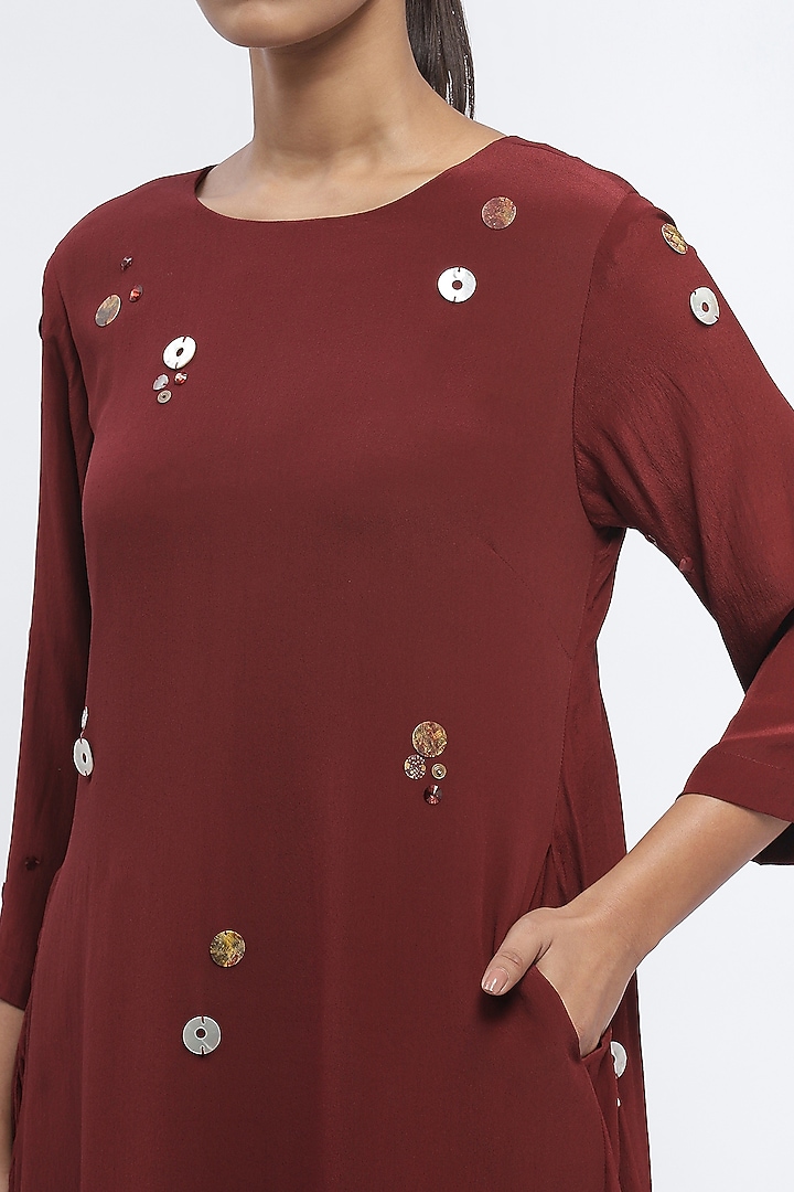 Burgundy Crepe Pearls Embellished Mini Vacation Dress by Abraham & Thakore at Pernia's Pop Up Shop