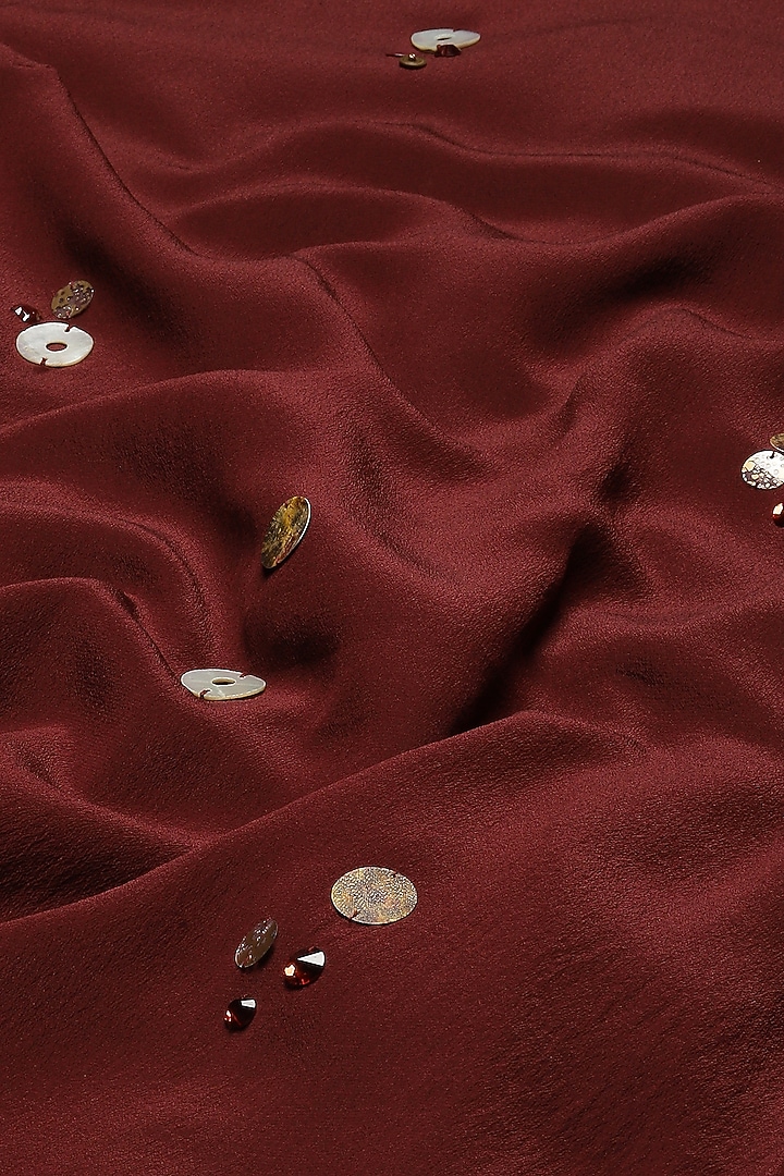 Burgundy Crepe Pearls Embellished Mini Vacation Dress by Abraham & Thakore at Pernia's Pop Up Shop