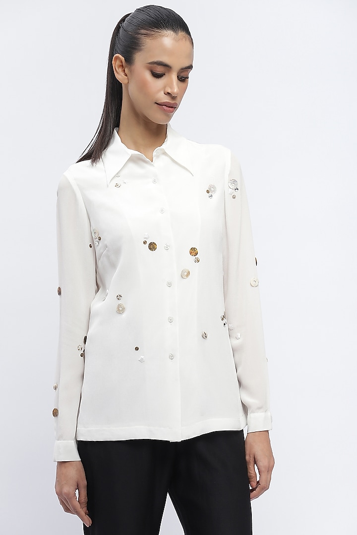 Ivory Crepe Rhinestone Embellished Shirt by Abraham & Thakore at Pernia's Pop Up Shop