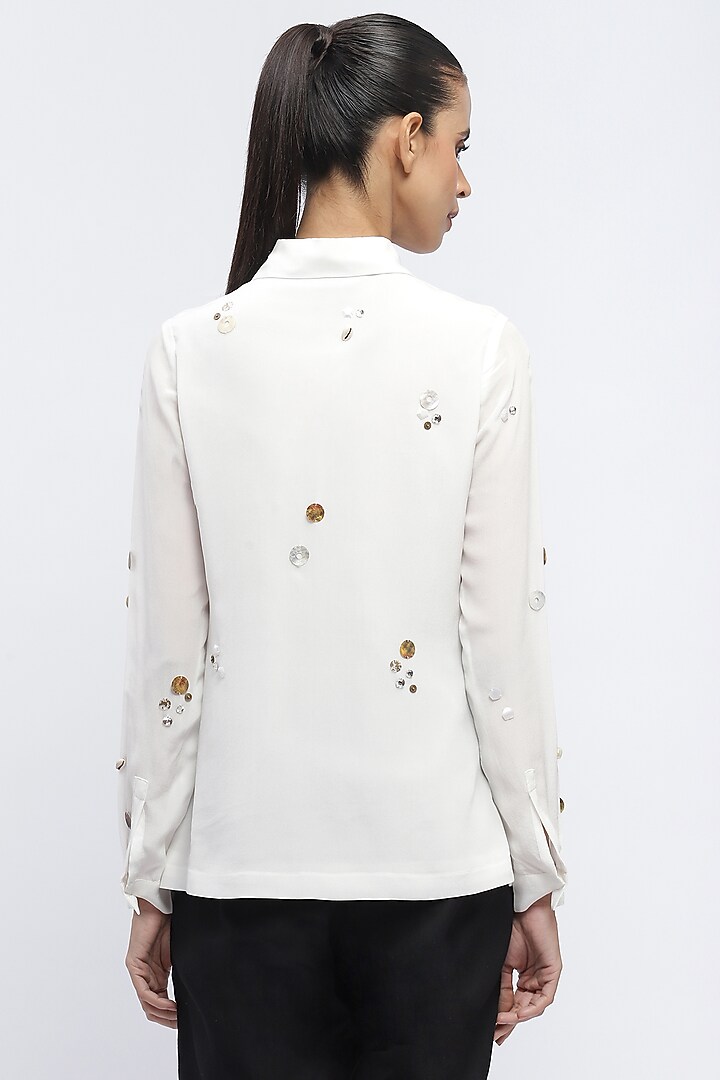 Ivory Crepe Rhinestone Embellished Shirt by Abraham & Thakore at Pernia's Pop Up Shop