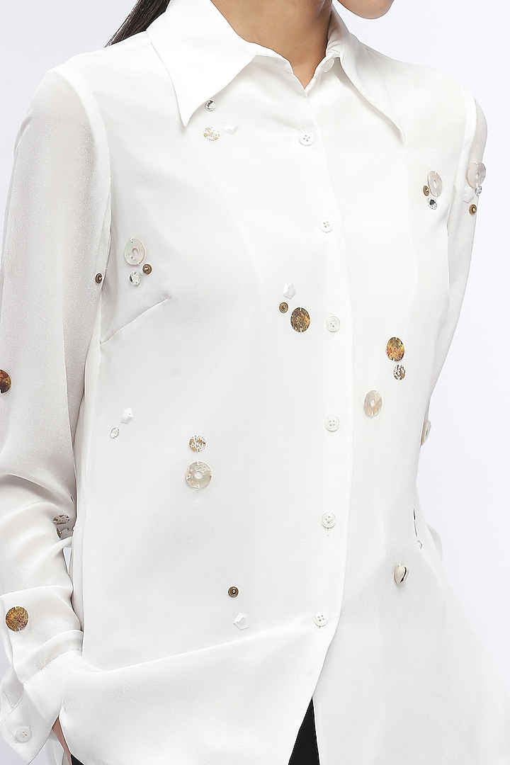 Ivory Crepe Rhinestone Embellished Shirt by Abraham & Thakore at Pernia's Pop Up Shop