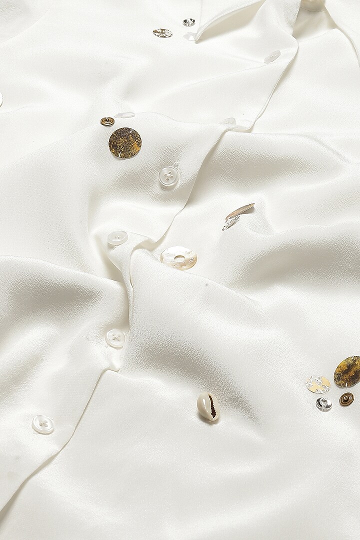 Ivory Crepe Rhinestone Embellished Shirt by Abraham & Thakore at Pernia's Pop Up Shop