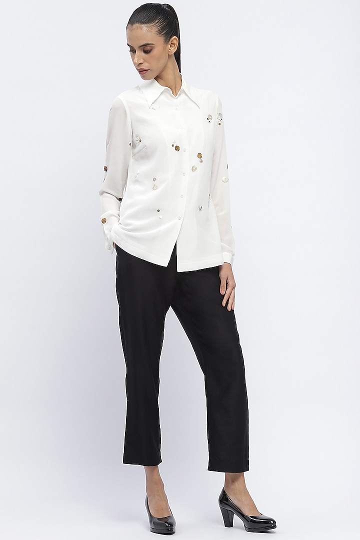 Ivory Crepe Rhinestone Embellished Shirt by Abraham & Thakore at Pernia's Pop Up Shop