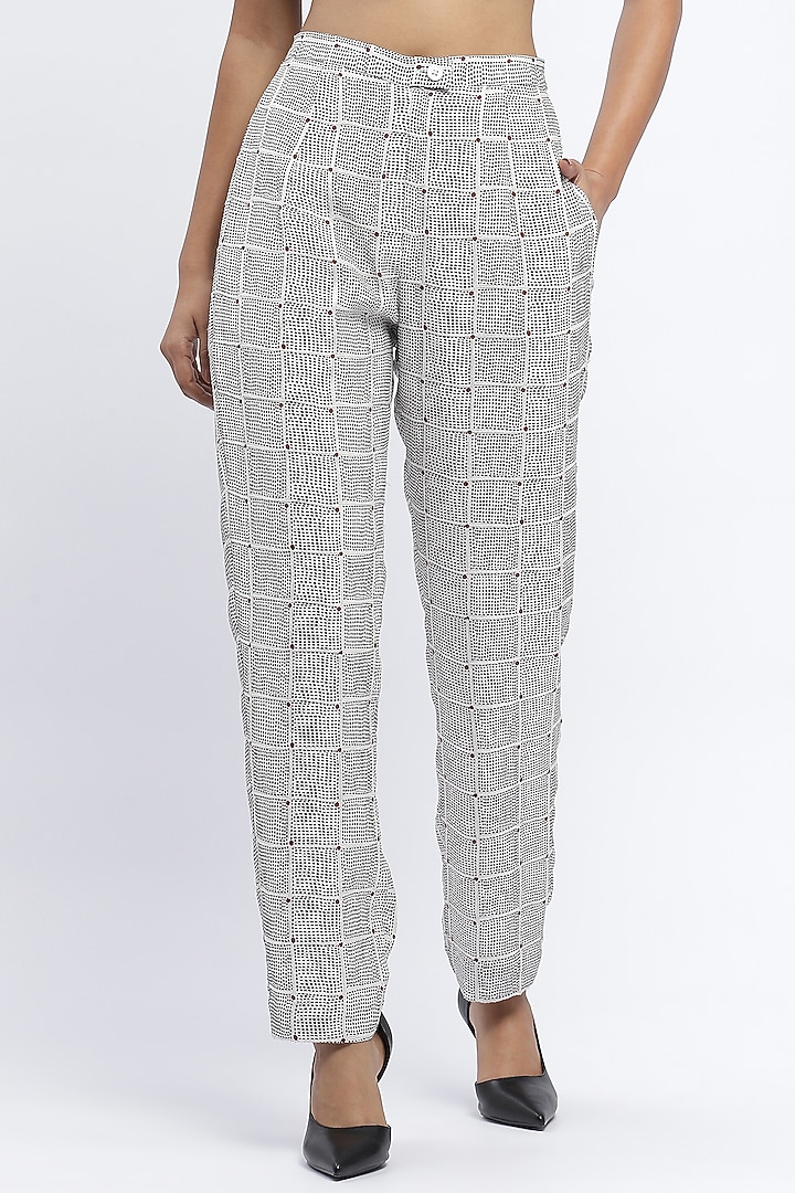 Ivory Chanderi Digital Printed Trousers by Abraham & Thakore at Pernia's Pop Up Shop