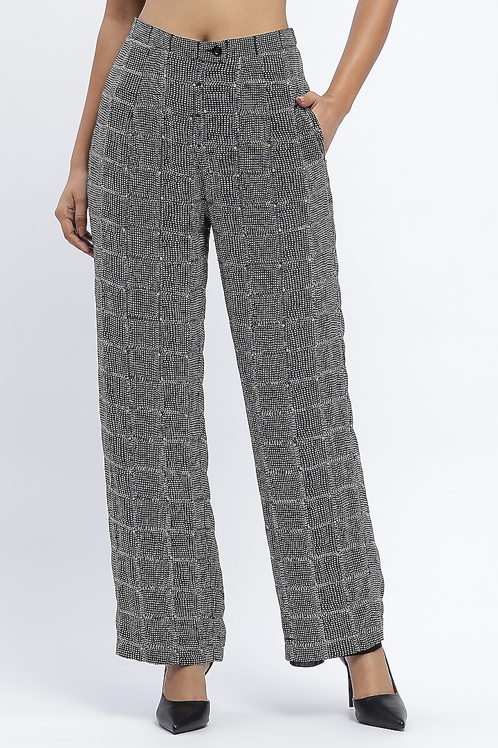 Black Chanderi Digital Printed Trousers by Abraham & Thakore at Pernia's Pop Up Shop