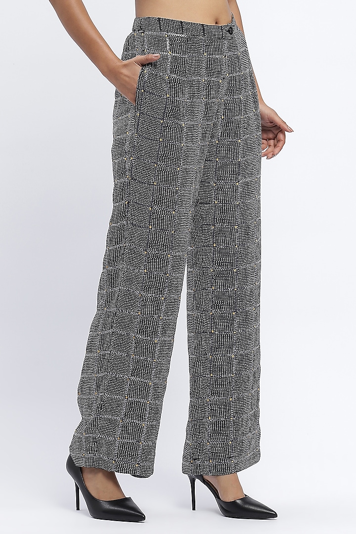 Black Chanderi Digital Printed Trousers by Abraham & Thakore at Pernia's Pop Up Shop