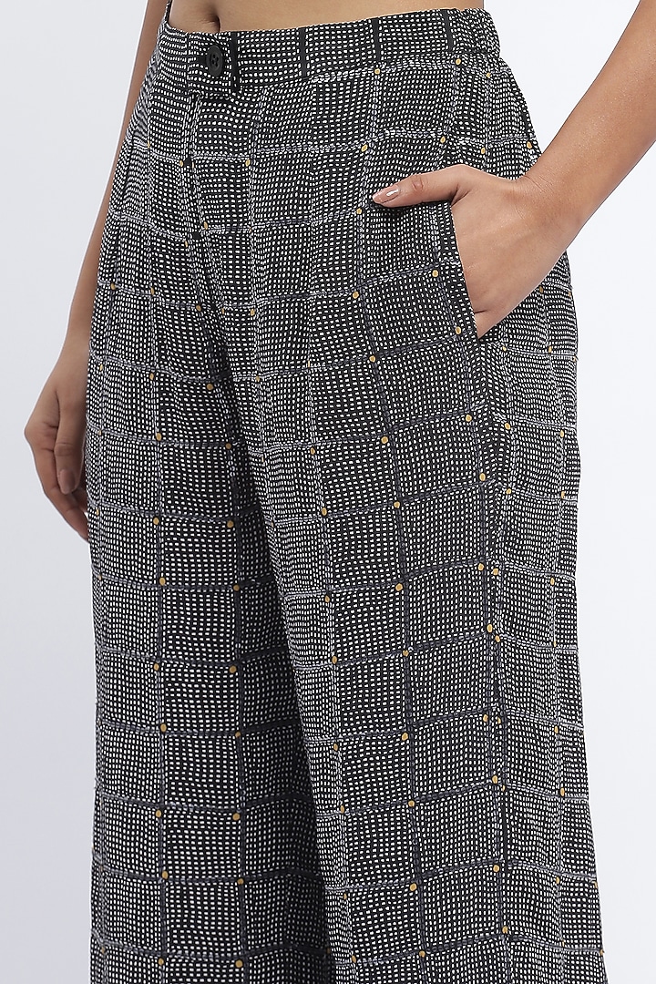 Black Chanderi Digital Printed Trousers by Abraham & Thakore at Pernia's Pop Up Shop