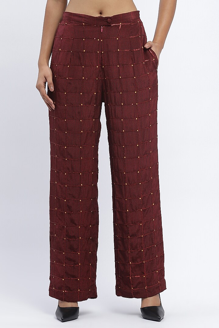 Burgundy Chanderi Digital Printed Trousers by Abraham & Thakore at Pernia's Pop Up Shop