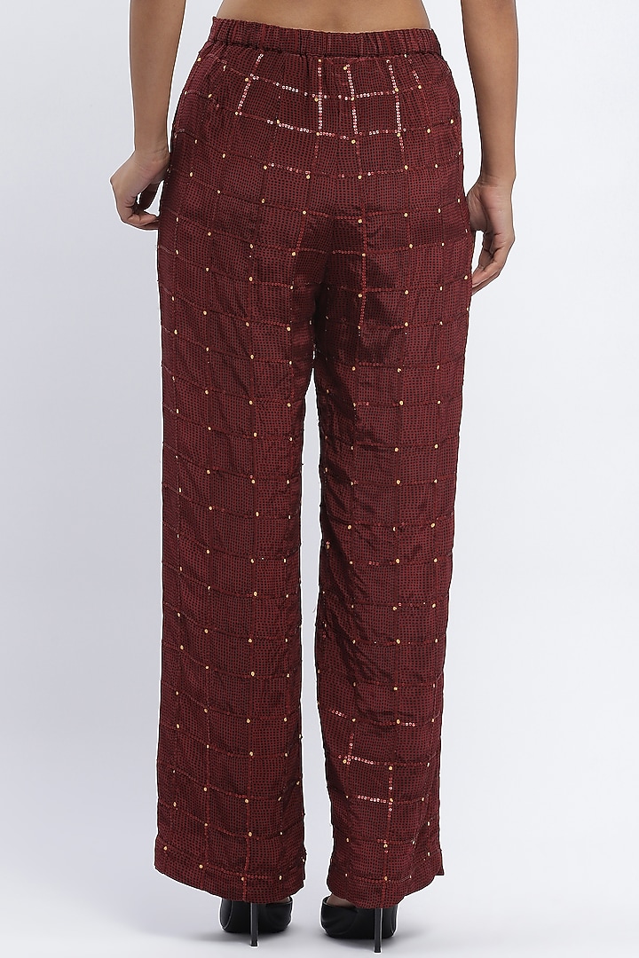 Burgundy Chanderi Digital Printed Trousers by Abraham & Thakore at Pernia's Pop Up Shop