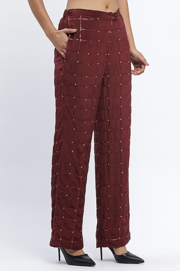 Burgundy Chanderi Digital Printed Trousers by Abraham & Thakore at Pernia's Pop Up Shop