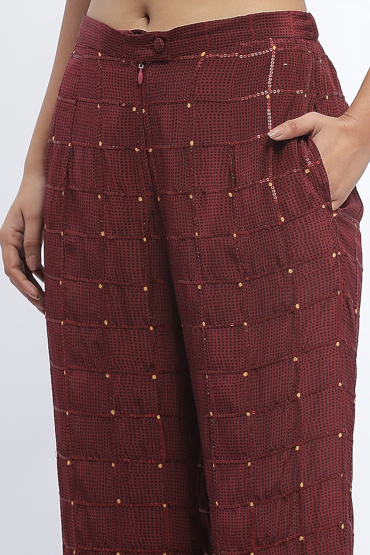 Burgundy Chanderi Digital Printed Trousers by Abraham & Thakore at Pernia's Pop Up Shop