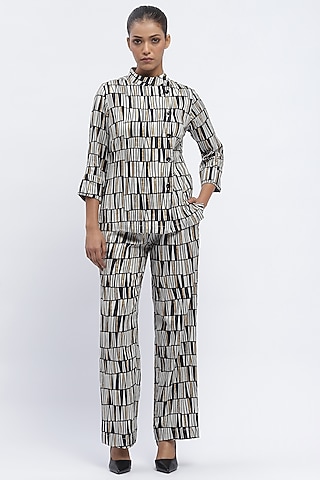 Black & Ivory Chanderi Digital Printed Shirt by Abraham & Thakore