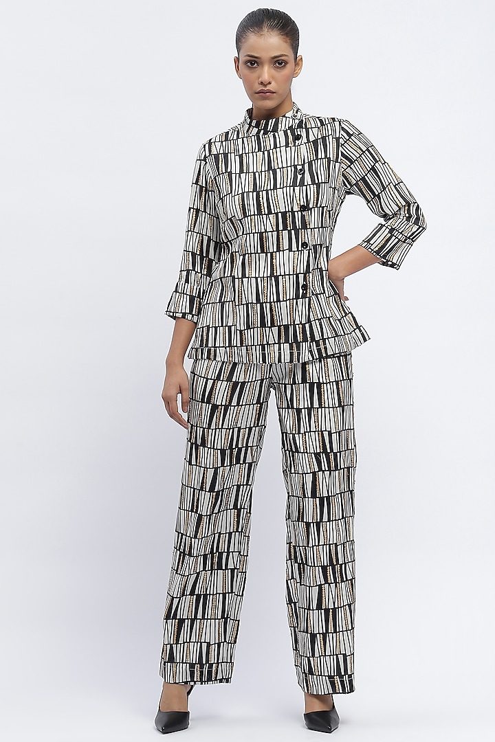 Black & Ivory Chanderi Digital Printed Trousers by Abraham & Thakore at Pernia's Pop Up Shop