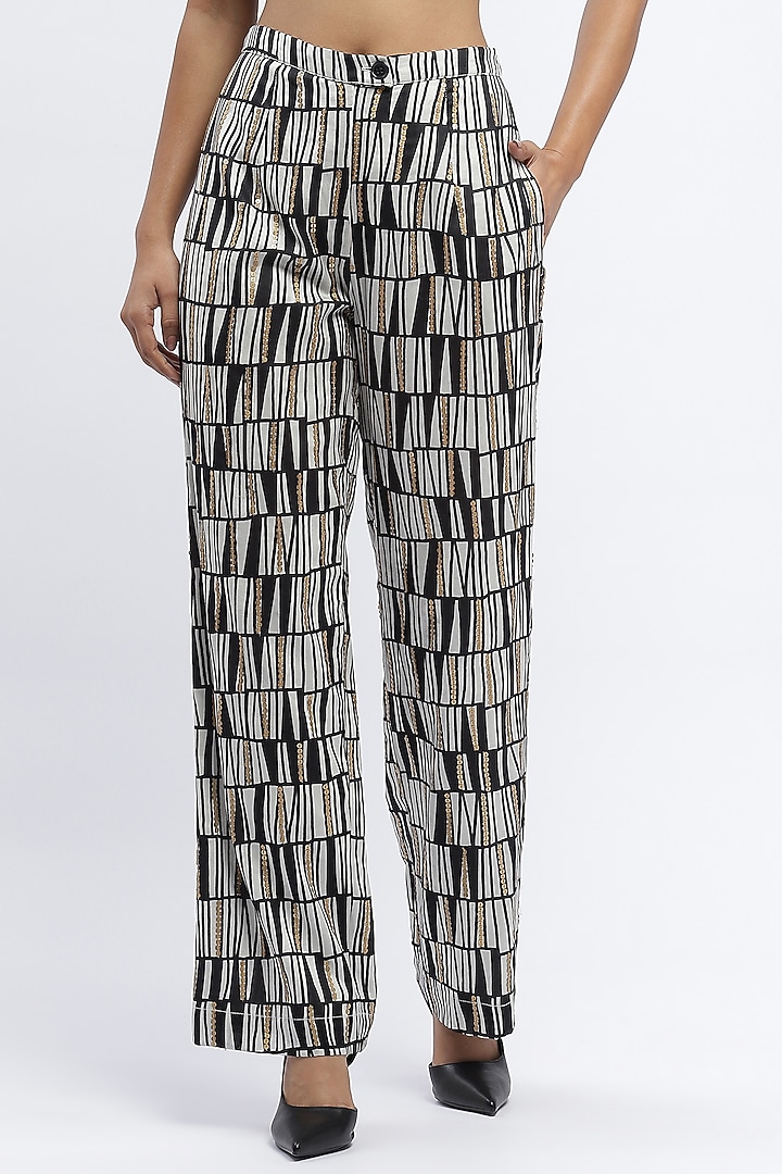 Black & Ivory Chanderi Digital Printed Trousers by Abraham & Thakore at Pernia's Pop Up Shop